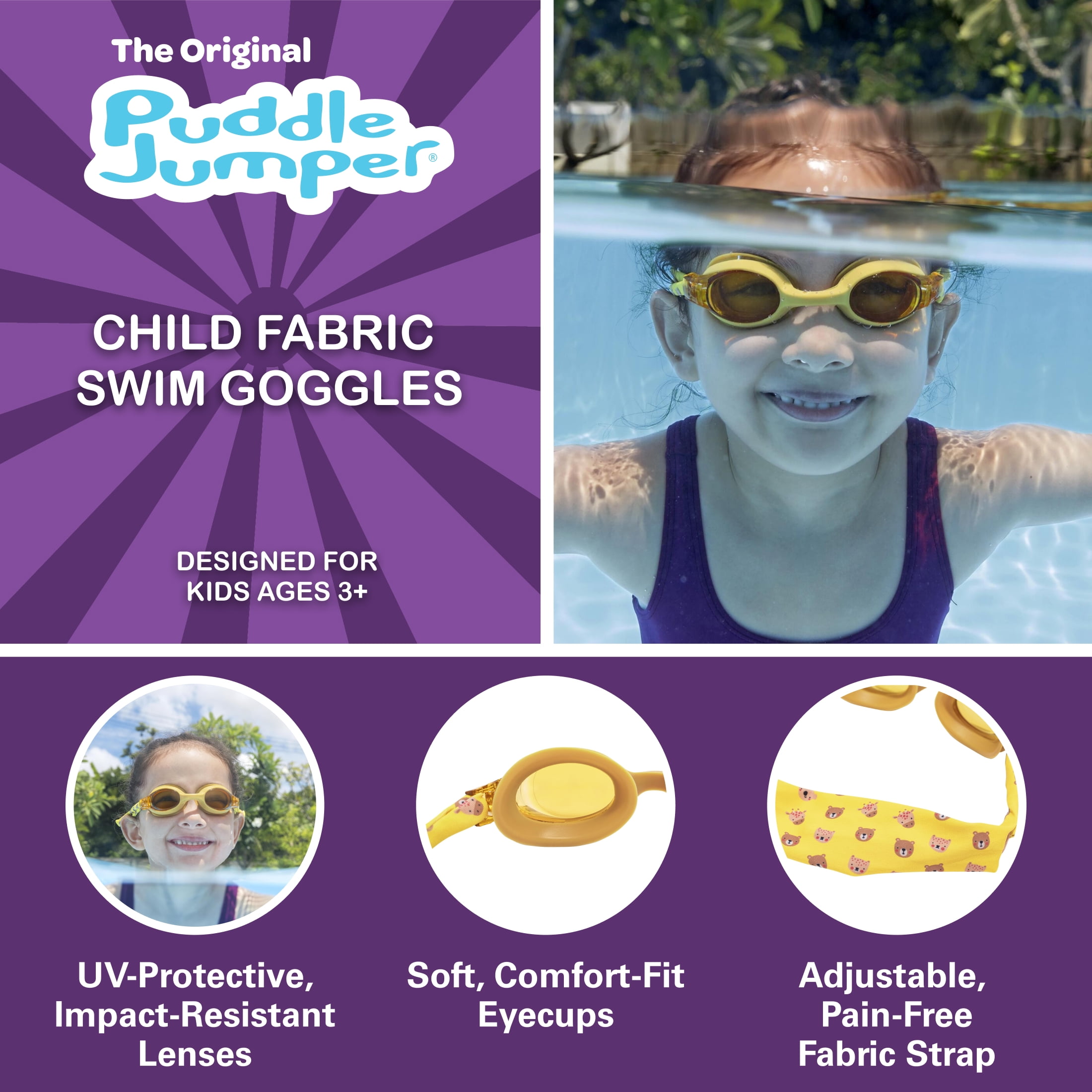 (3 pack) Puddle Jumper Child Fabric Swim Goggles, Yellow, Non-Latex and Non-PVC, Kids Ages 3+