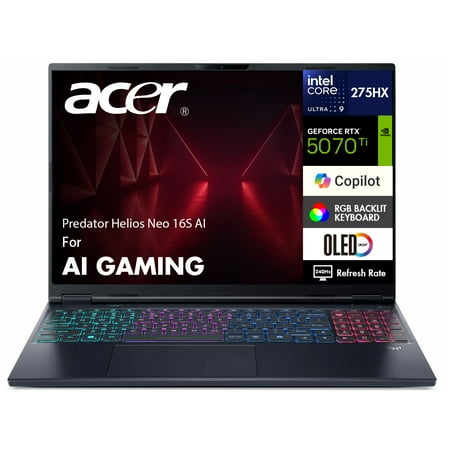 Acer Predator Helios Neo 16S AI AI Gaming Laptop 16.0in WQXGA (Intel Ultra 9- 275HX, NVIDIA GeForce RTX 5070 Ti 12GB, 32GB DDR5, 1TB PCIe SSD, Win 11 Pro)