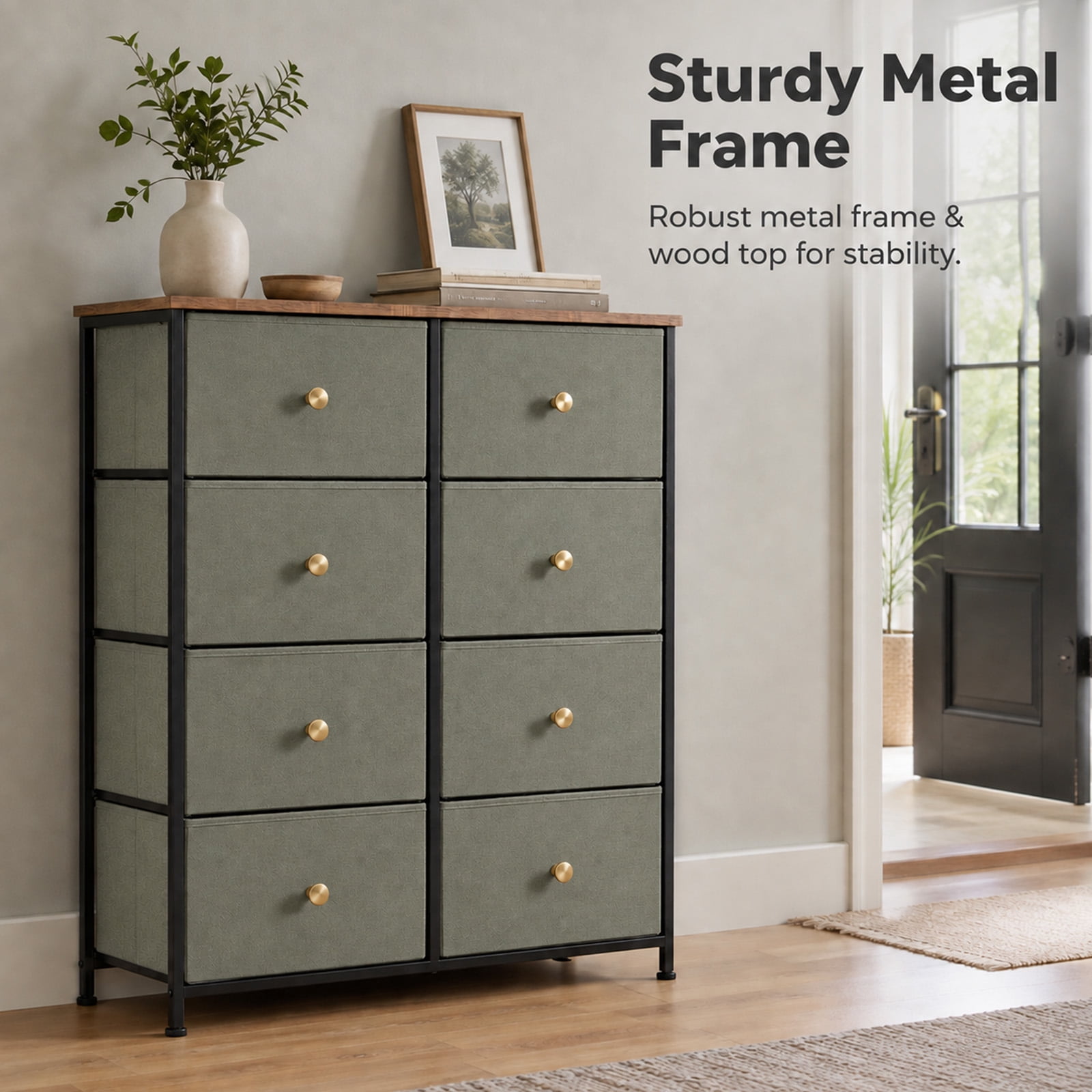 Alvantor 8 Drawer Fabric Dresser, Storage Tower for Bedroom and Closet, Chest of Drawers with Sturdy Steel Frame & Wooden Top for Living Room, Entryway