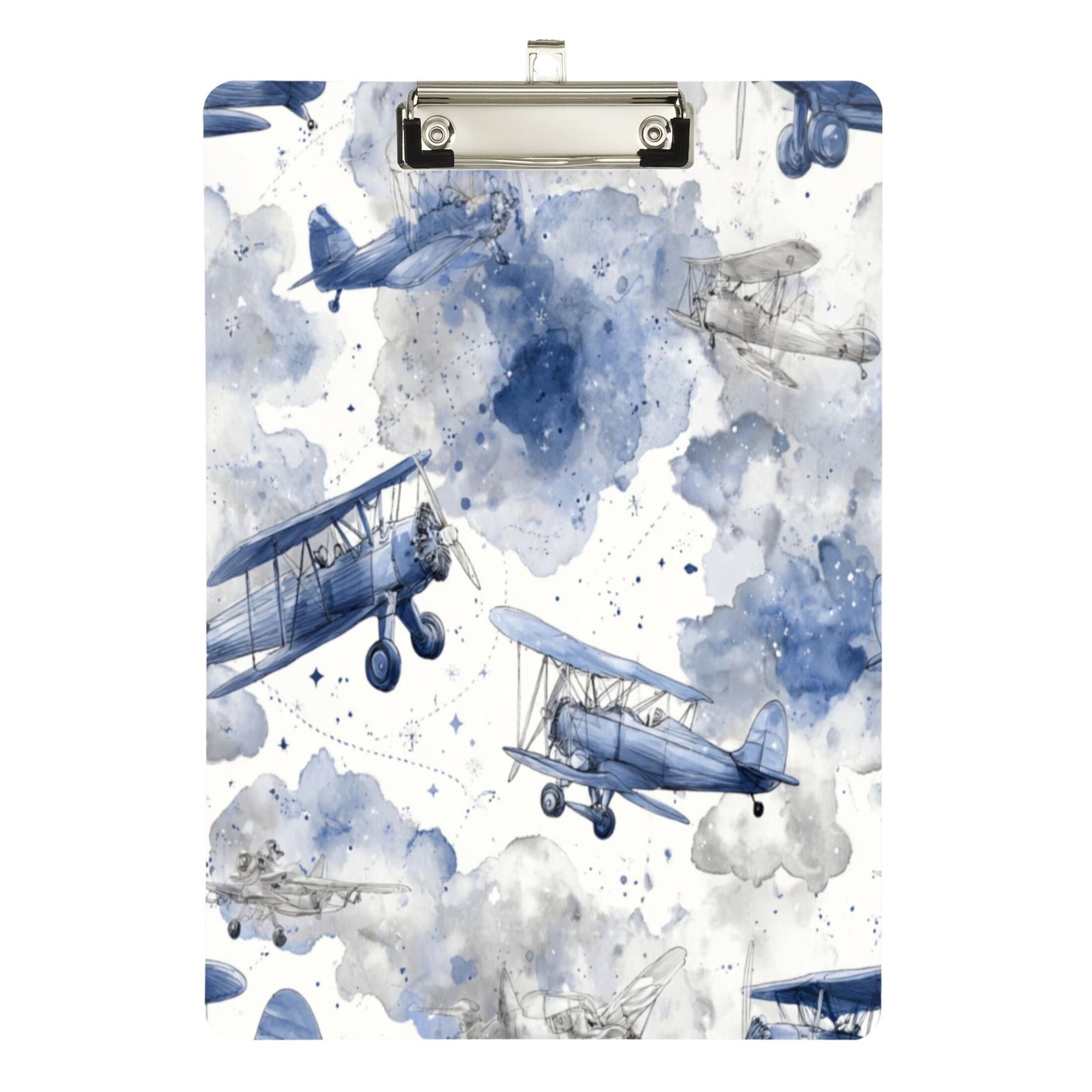 12.5 x 9 Acrylic Clipboard with Silver Clip & Retractable Hook for Office Classroom Home Watercolor Vintage Planes