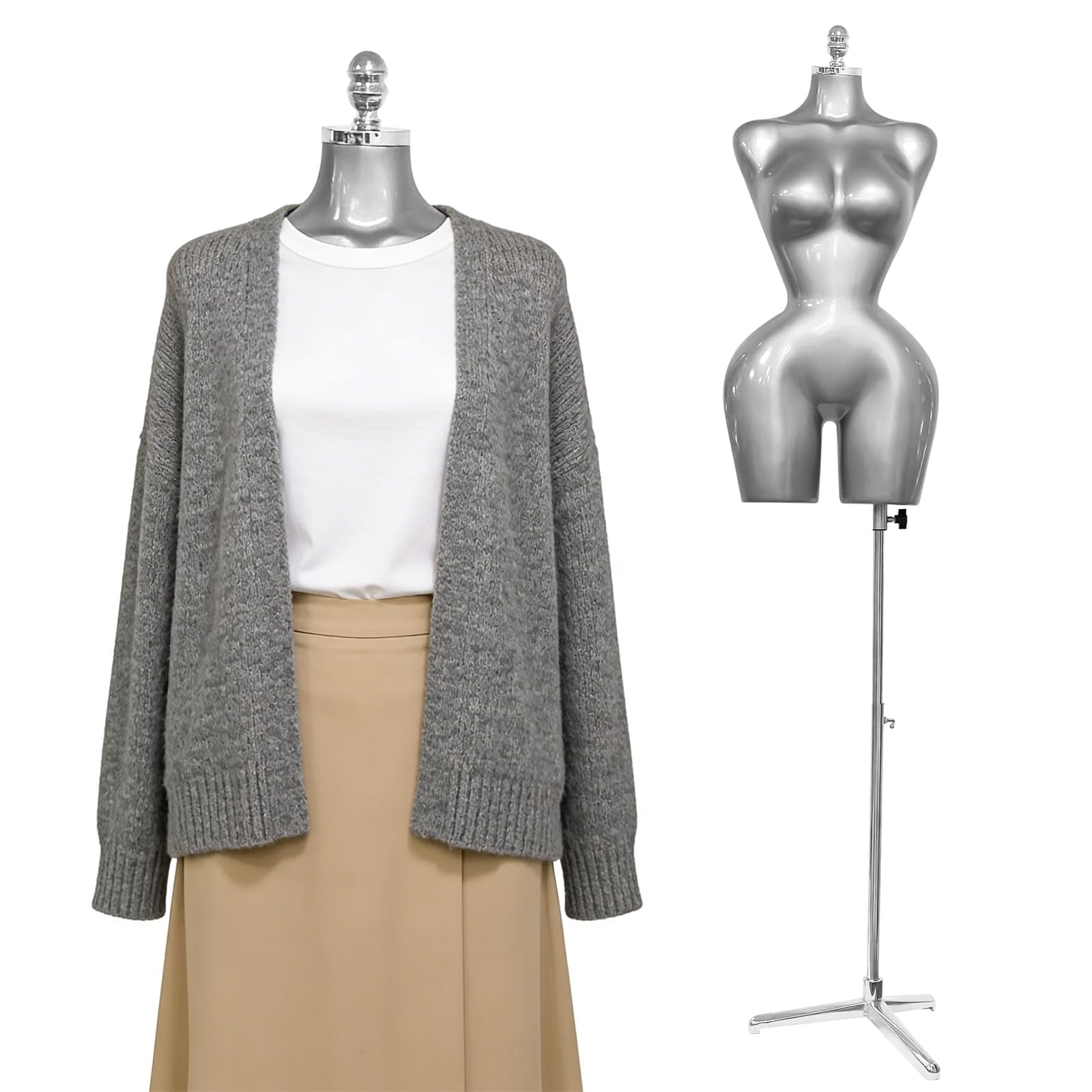 Female Mannequin Torso,Dress Form Manikin with Metal Stand Base, Suitable for Clothing and Jewelry Display (Silver)