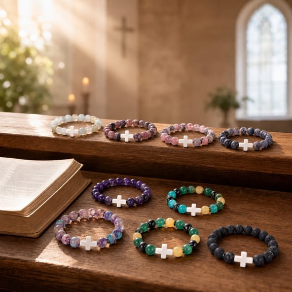 8 Pcs Natural Stone Cross Beaded Bracelets Faith Inspired Religious Jewelry 7 Inch Adjustable Stretch Bracelet Set for Christian Women Men Church Gifts Baptism Communion Easter Faith Keepsake Jewelry