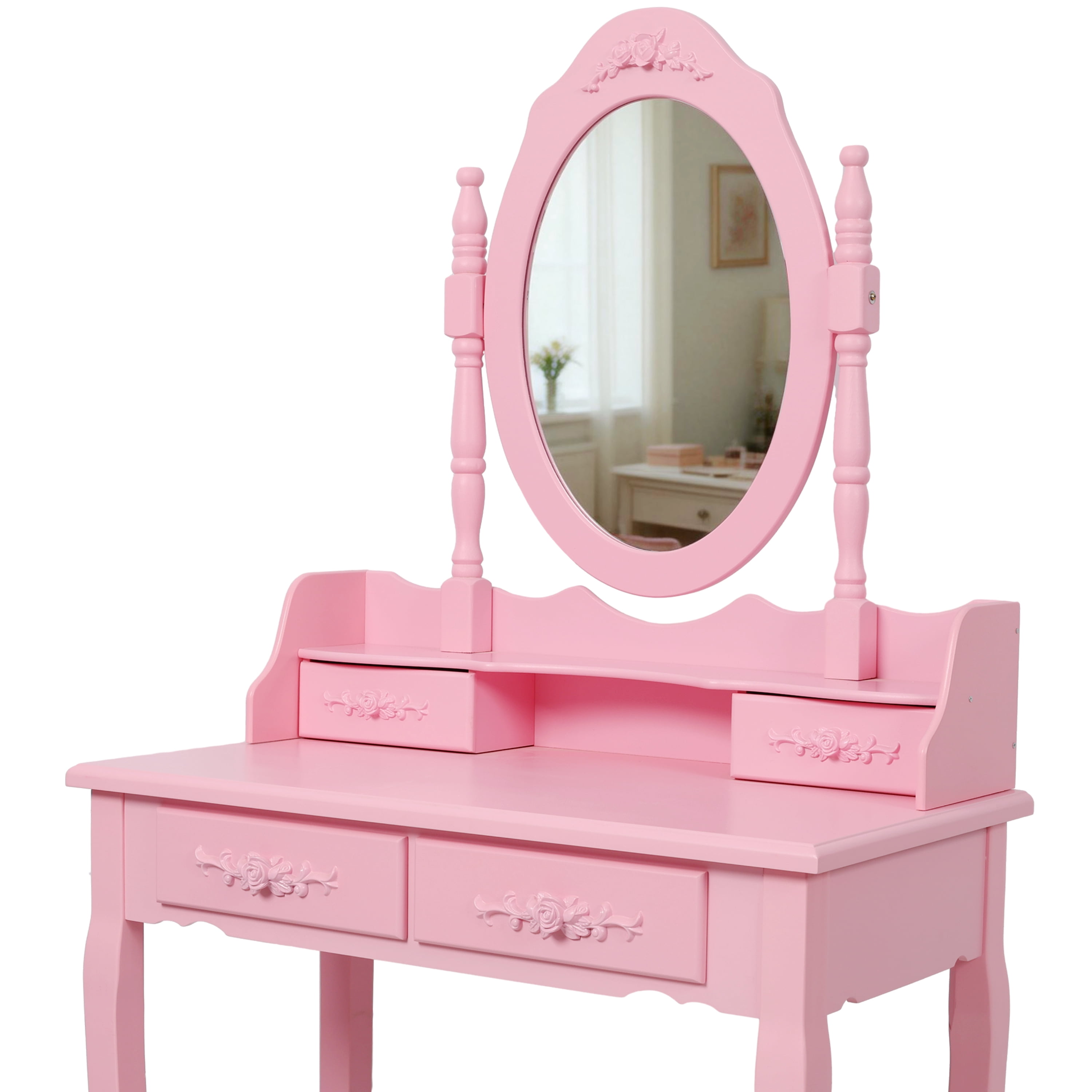 Makeup Vanity, Vanity Desk for Girls, Princess Vanity Pink with 360 Degree Rotating Mirror 4 Drawers Large Tabletop Includes Cushioned Multi Purpose Stool, Pink