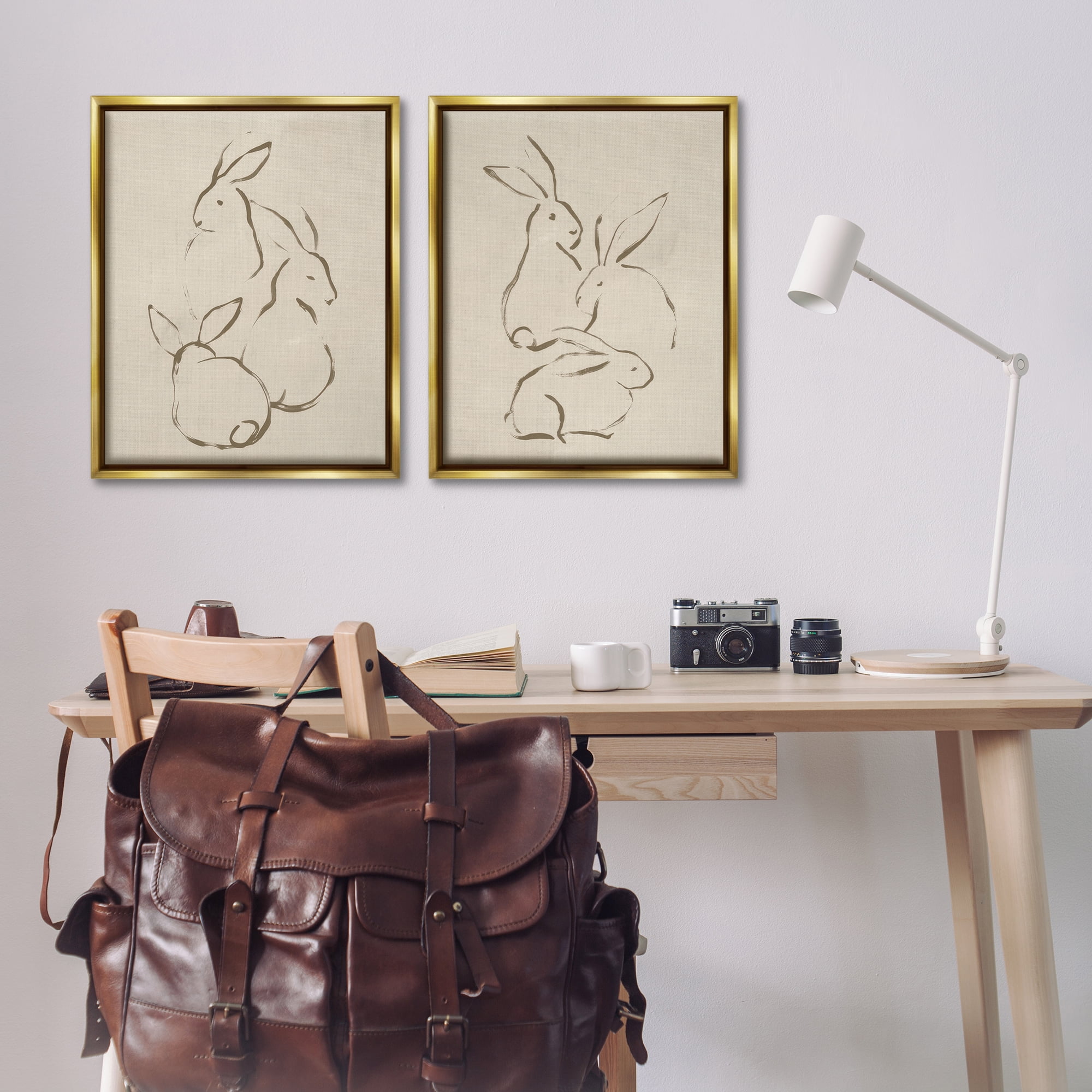 Stupell Industries Earthtone Sitting Rabbits Sketch Animals Drawing Gold Floater Framed Canvas Art Print Wall Art, 31 x 25, Set of 2