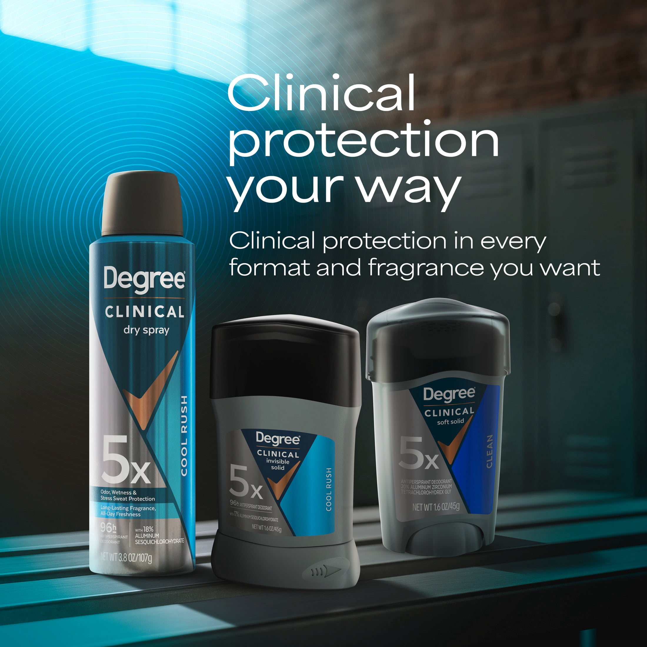 Degree Clinical Strength Antiperspirant Deodorant 96-Hour Sweat and Odor Protection Cool Rush Invisible Solid 5x Types of Sweat, 1.6 oz