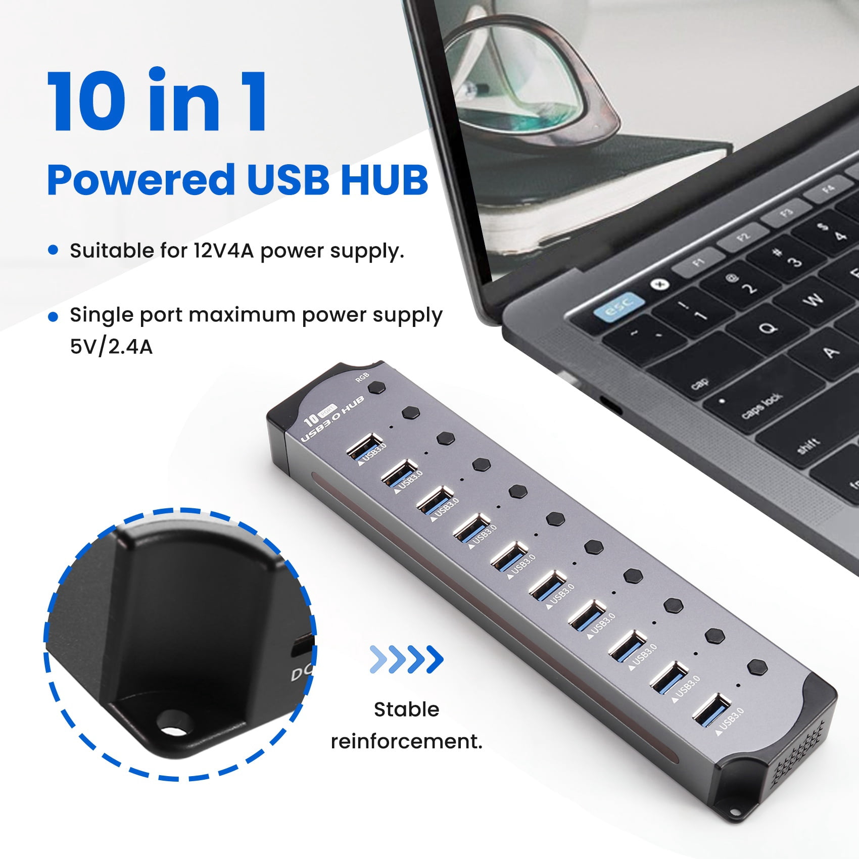 10 in 1 Powered USB HUB 10 Ports USB Adapter USB Splitter USB 3.0 Interface Individual Switch RGB E-Marker Heat Design,1 x 10 in 1 Powered USB HUB,Photo Color