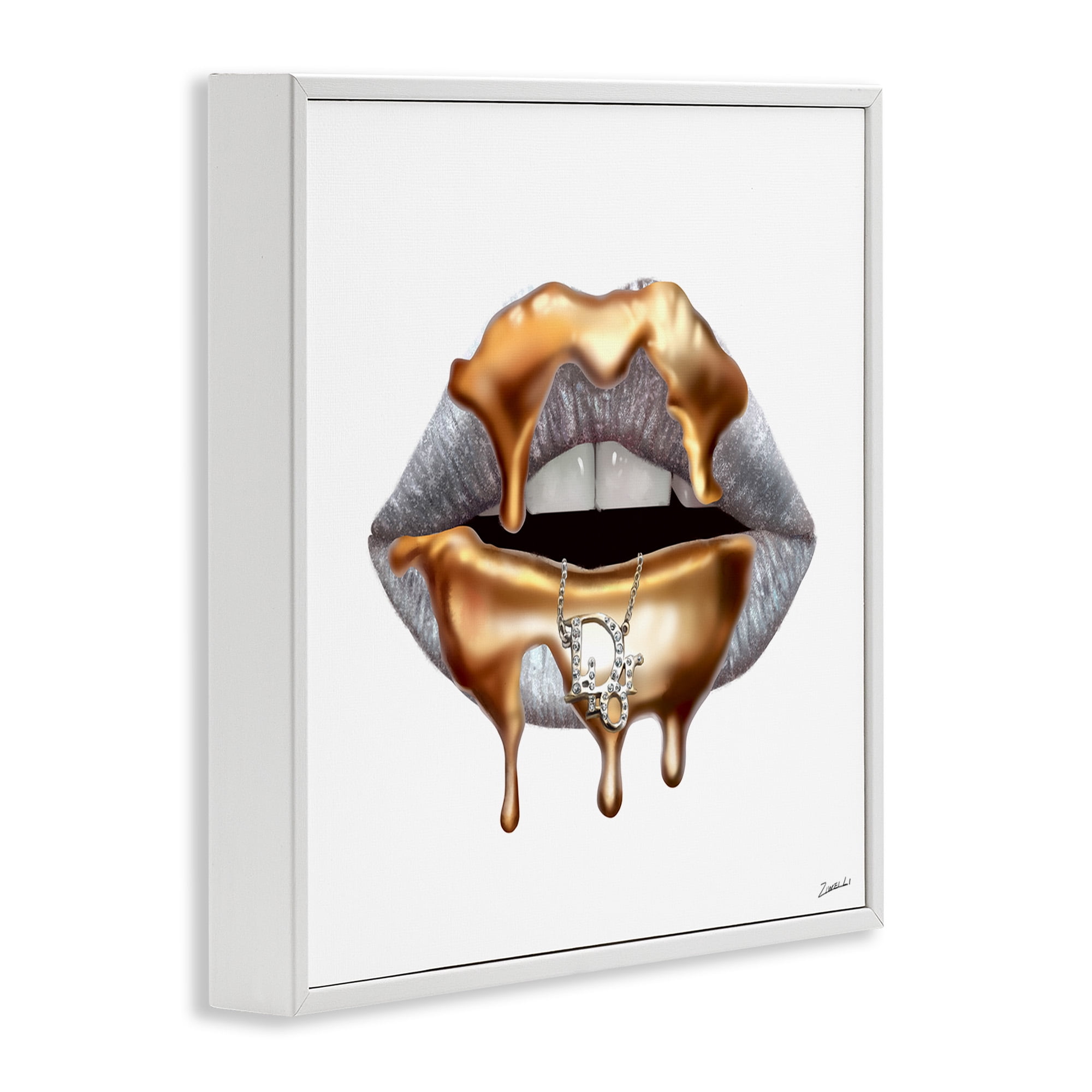 Stupell Industries Glam Silver Lip Gold Drip Beauty & Fashion Painting White Framed Art Print Wall Art, 24 x 24