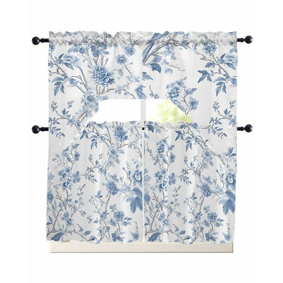 Blue White Spring Floral Kitchen Curtains Sets 36 Inch Length with Valance, Summer Botanical Birds Swag Valances and Tiers Curtain Set Drapes Swag Curtains for Living Room, Bathroom, Bedroom, Cafe
