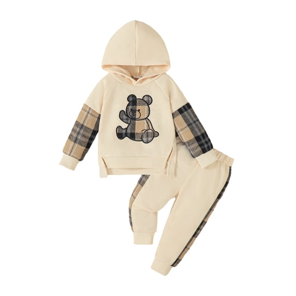 KIMI BEAR 4T Toddler Girls Outfit Set 5T Kid Clothes Winter Long Sleeves Bear Pullover Hoodie Plaid Patchwork Pullover Sweatshirt Color Block Pants Sets 2pcs Outwear Apricot