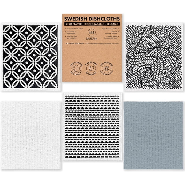 SUPERSCANDI 5 Pack Swedish Dish Cloths for Kitchen - 100% Biodegradable & Compostable | Washable Kitchen Cloths, Food-Safe&Without Plastic - Reusable Paper Towel for Any Surface | Scandi Artdeco White