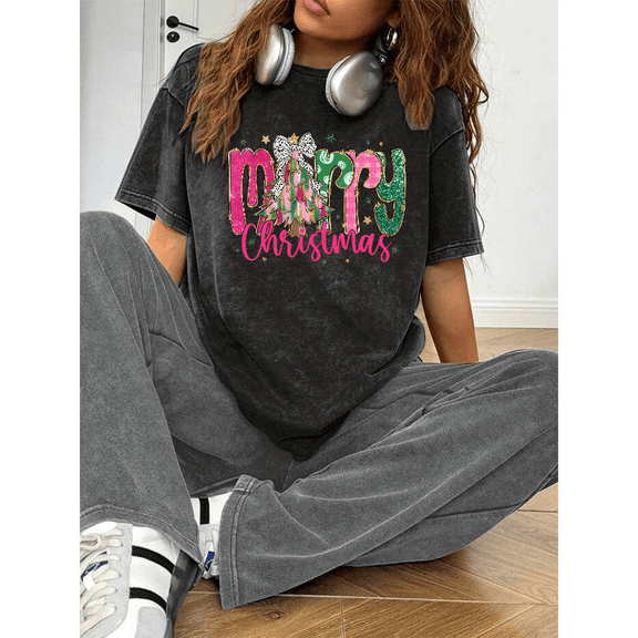 Pink & Green Christmas T-Shirt, Distressed Patchwork Merry Graphic, Oversized Holiday Tee