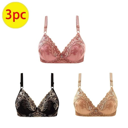 Elvqul Womens Wireless Bras Breathable Bralette Nylon Pink Lace Underwear 3 Pack Bras