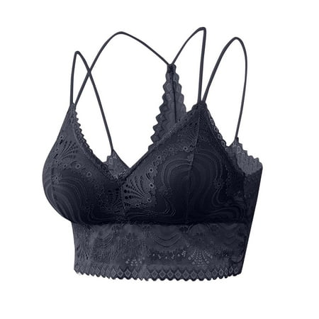 APEXFWDT Women Wirefree Bralette Cross Strap Sports Bra Lace Trim Seamless Crop Top Lightweight Lounge Bra for Pilates Casual Outfits L Black