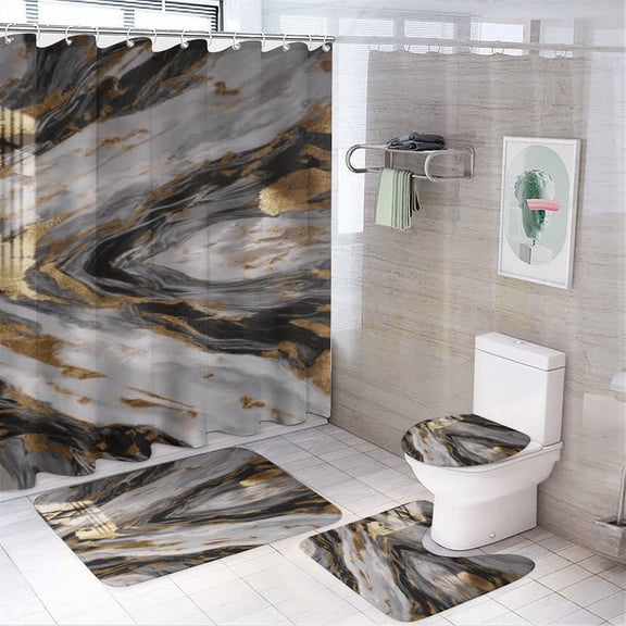 RKSupls 4PCS Black White Gold Marble Waterproof Shower Curtain Sets with Hooks,Bathroom Sets with Non-Slip Rugs,Toilet Lid Cover and Bath Mat