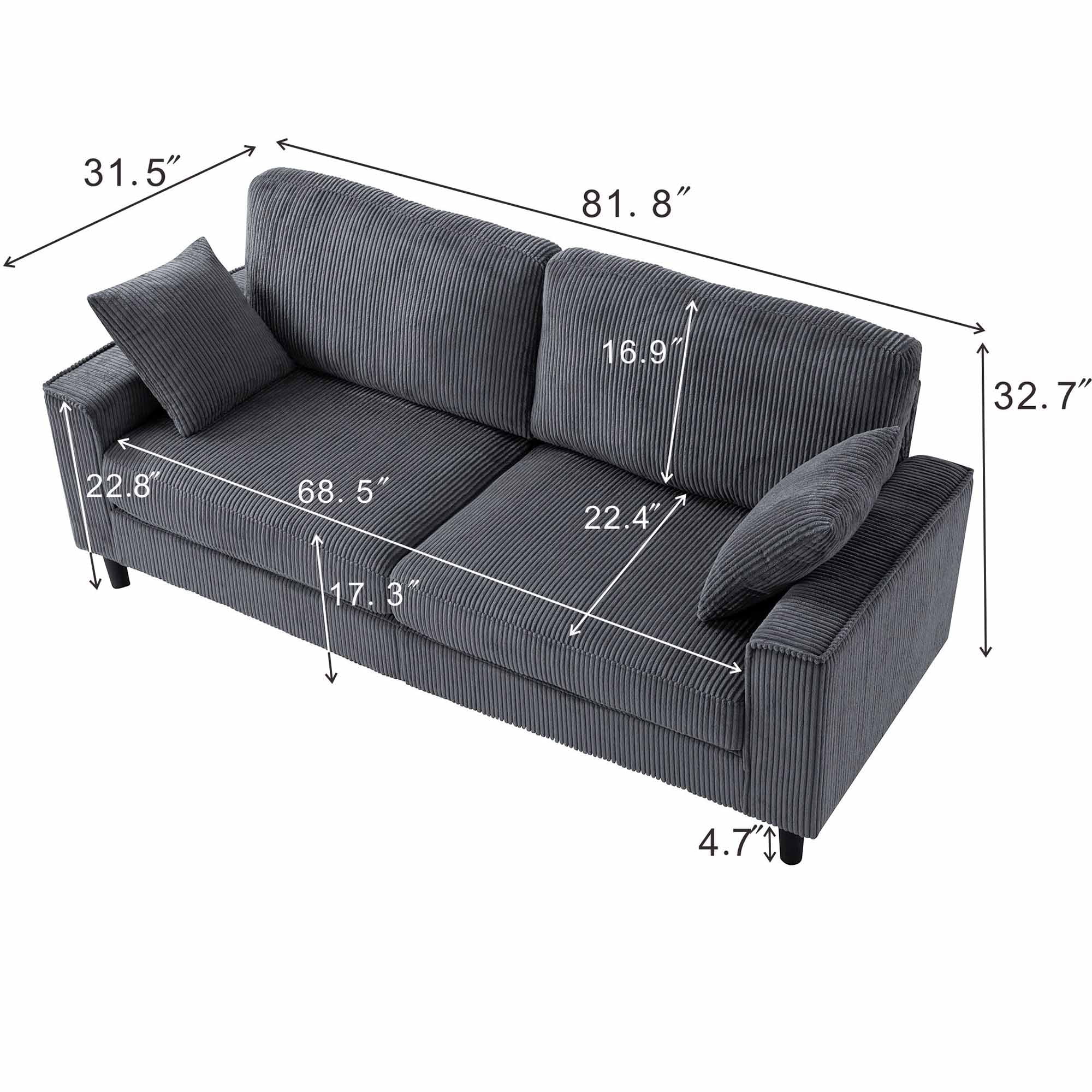 Lunale 82" Modern 3-Seater Sofa, Corduroy Upholstered Couch for Living Room, Gray