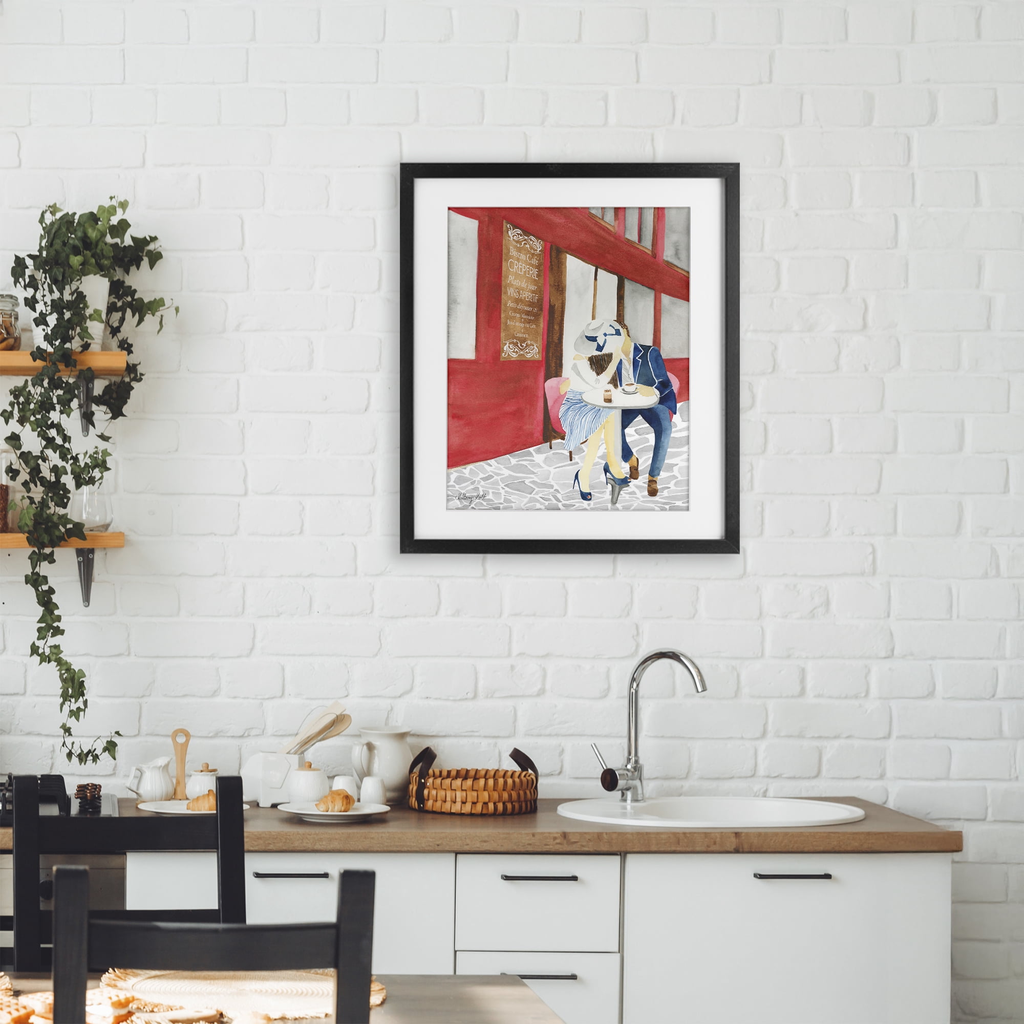 Stupell Industries Kiss At Parisian Cafe Black Framed Print Under Glass, design by Hillary Holt
