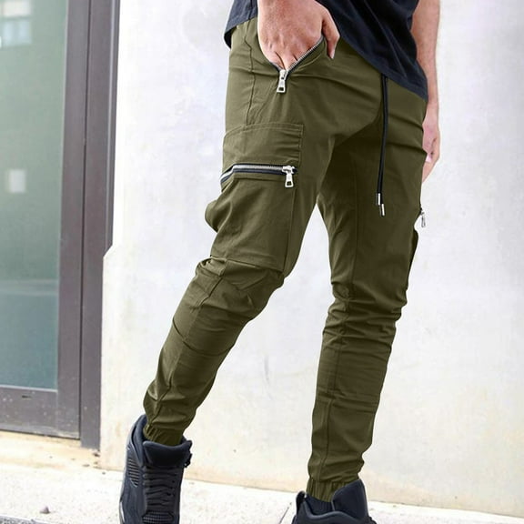 Cargo Pants for Men with Zipper Pockets Slim-Fit Tapered Leg Work Trousers Casual Solid Drawstring Elastic Waist Streetwear Joggers Pant