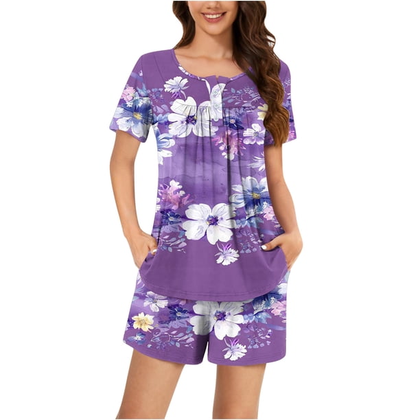 Conjunto de Ropa de Salón de las Mujeres Impreso Cuello Redondo Manga Corta Superior Y Pantalones, Ropa de Casa Suave Dos Piezas