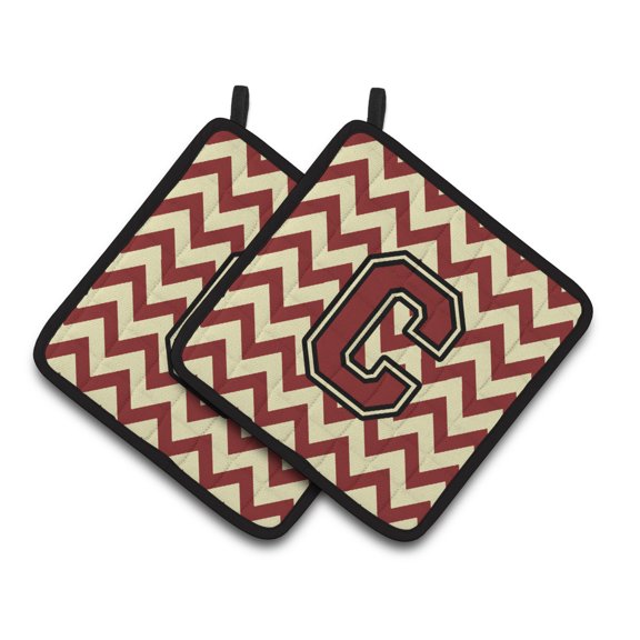 Letter C Chevron Maroon and Gold Pair of Pot Holders
