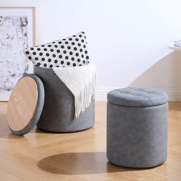 12.6" W x 14.17" H & 14.76" W x 17.32" H Round Set of 2 Ottoman with Storage Vanity Stool for Makeup Multifunctional Ottomans Padded Seat Foot Rest, Padded Seat Footrest for Living Room,Grey