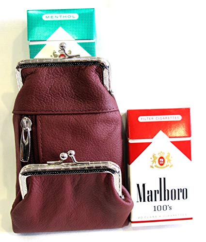 Women's - Leather Cigarette Case Coin Purse Double Twist Clasp Closure Zipper Pocket- Burgundy