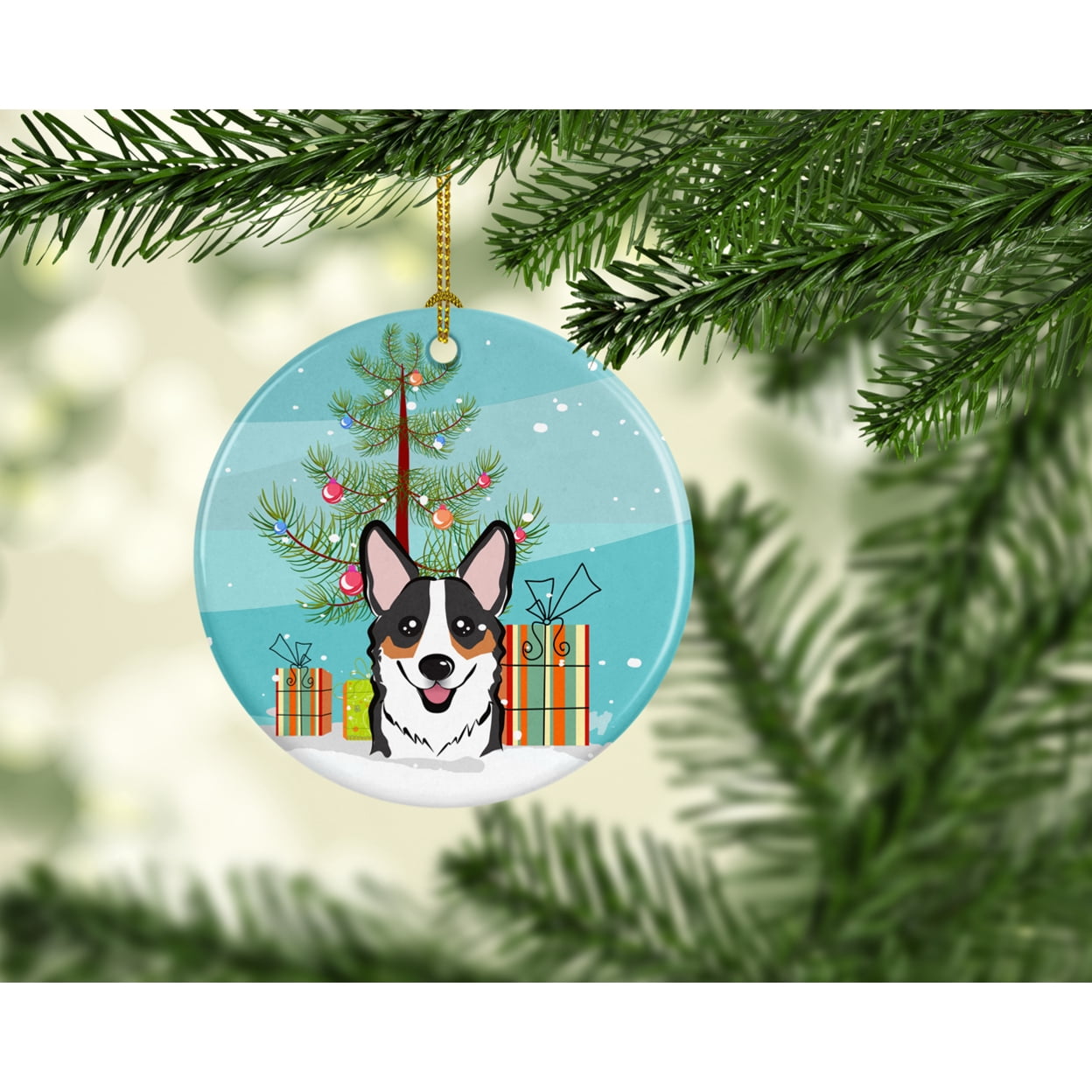 Christmas Tree and Tricolor Corgi Ceramic Ornament