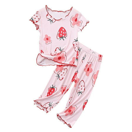 

GZEFJRQM Summer Girl Thin Pajamas Strawberry Pattern Wooden Ear Edge Short Sleeve Set Home Clothes Air Conditioning Clothes Girls 18-24 Month Clothes