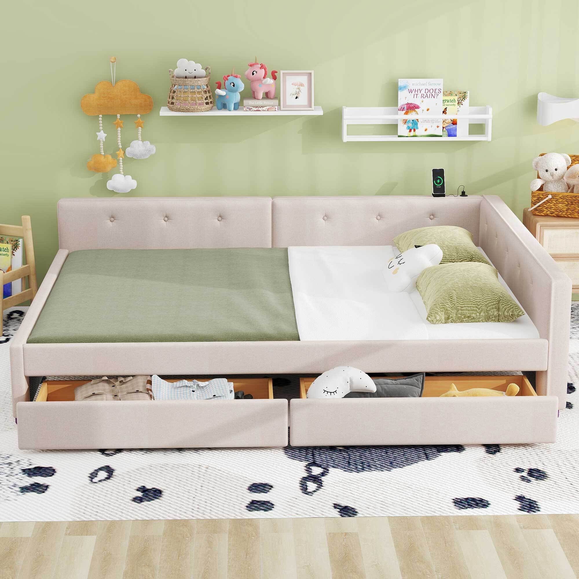 Euroco Upholstered Queen Size Platform Bed with 2 Storage Drawers for Kids Teens, Beige
