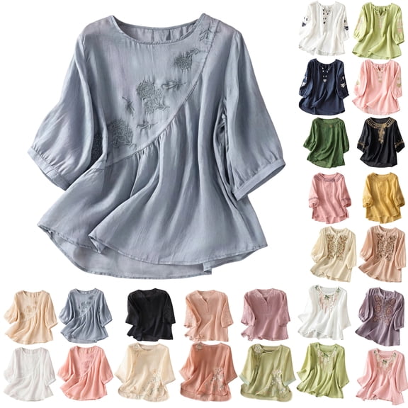 Womens Tops Linen Casual Fashionable Embroidered 3/4 Sleeve Loose Fit Blouse