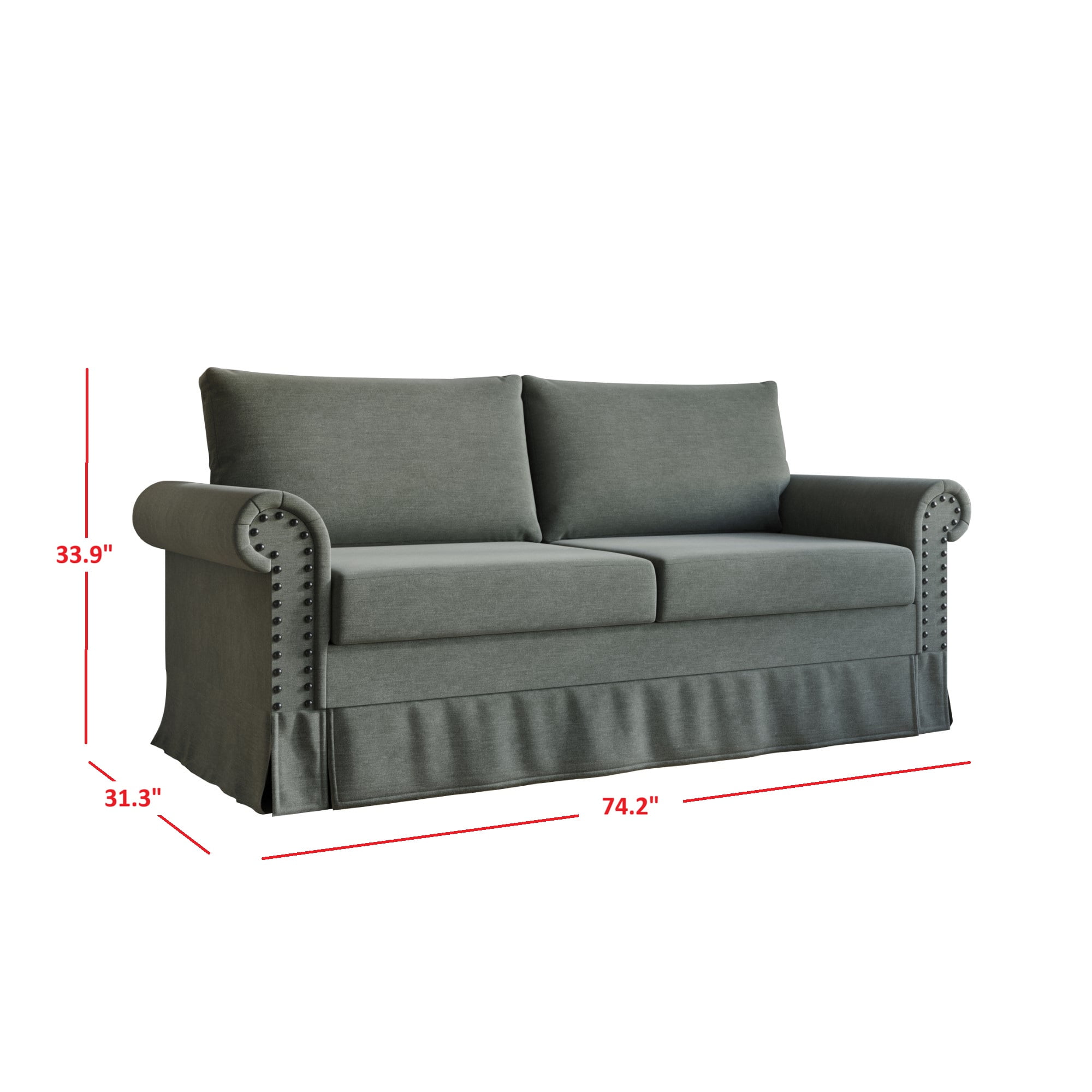 Home Design Emerson Rolled Arm 3-Seater Sofa, Upholstered with Nailhead Trim, Classic Gray Fabric