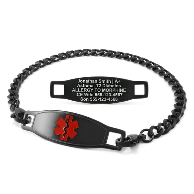 MedicEngraved Black Stainless Steel Custom Medical Alert Bracelet - 5mm Curb Link