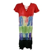 Mogul Women's Embroidered Dress Cap Sleeve Beach Cover Up Ethnic Tie Dye Dresses