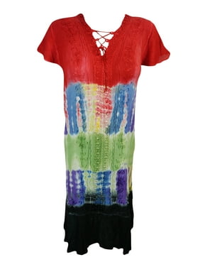 Mogul Women's Embroidered Dress Cap Sleeve Beach Cover Up Ethnic Tie Dye Dresses