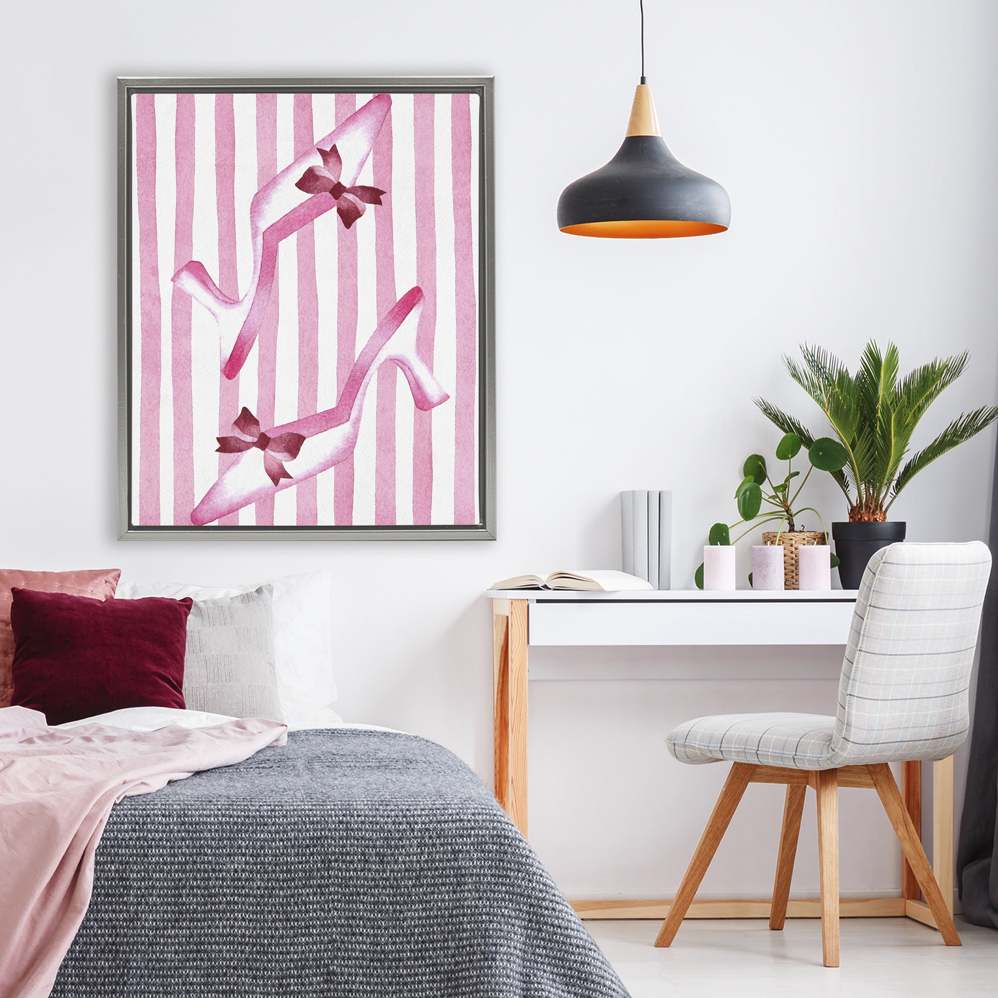 Stupell Industries Bow Heels on Pink Stripes Gray Framed Floater Canvas Wall Art, design by Camila Juncos
