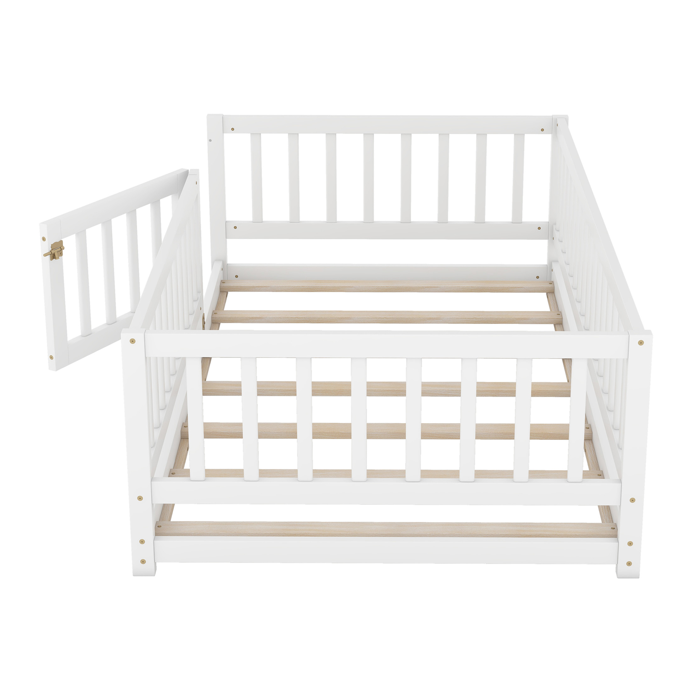 Noble House Auburn 77" Twin Montessori Floor Bed with Fence and Gate, Wood Bed Frame with Slats for Kids, White