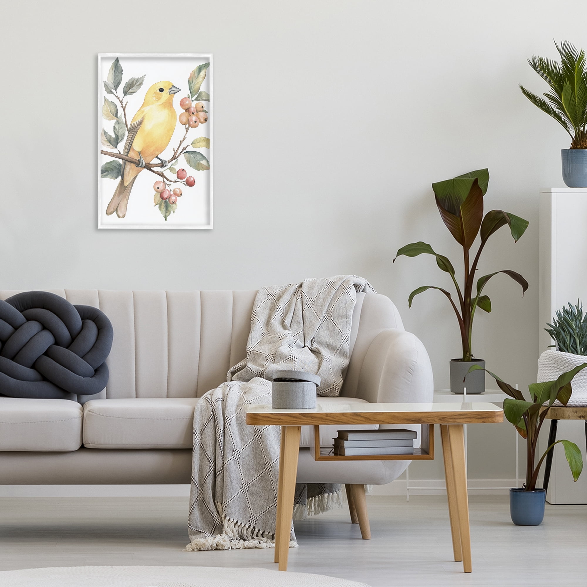 Stupell Industries Sun Lit Bird on Branch White Framed Giclee Art, design by Petal Prints Design