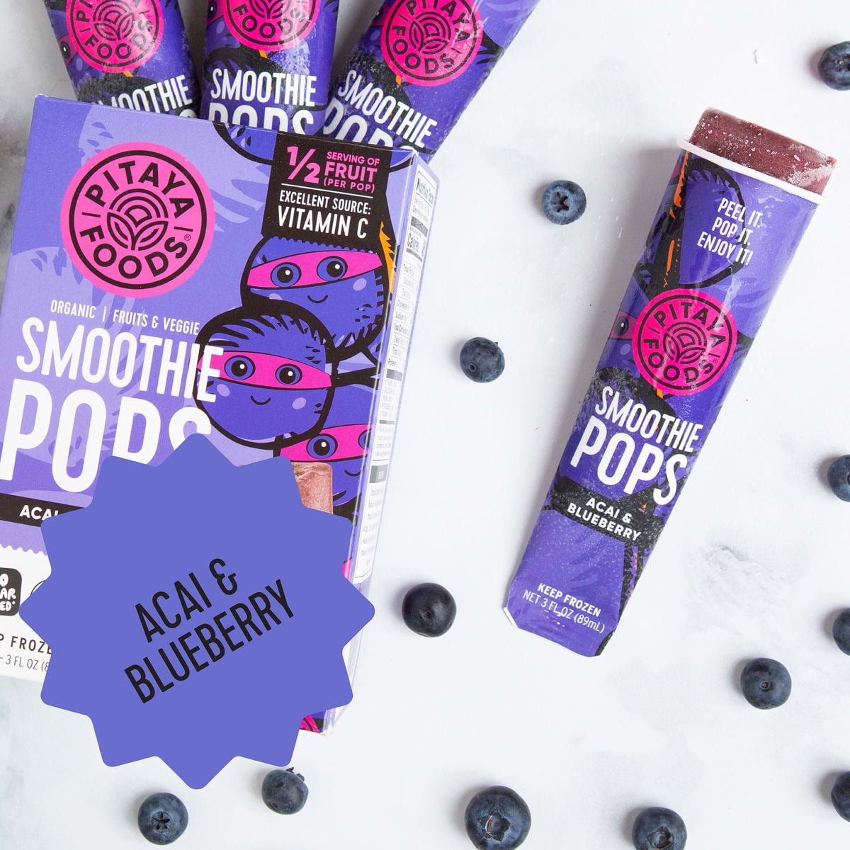 (3 pack) Pitaya Foods Acai & Blueberry Frozen Smoothie Pops, 3 fl oz, 4 Count