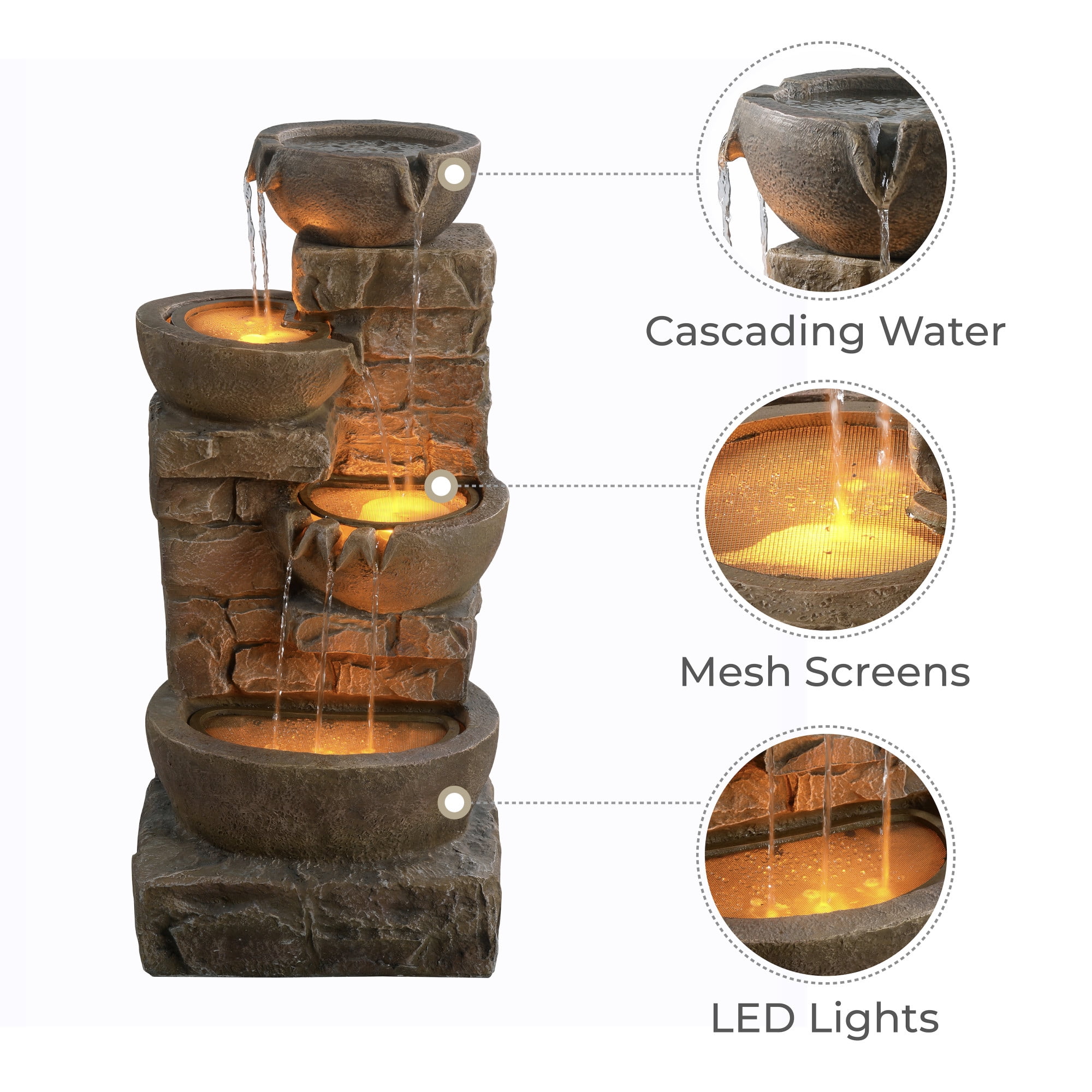 Teamson Home 33.27" Water Fountain with LED Lights, Brown