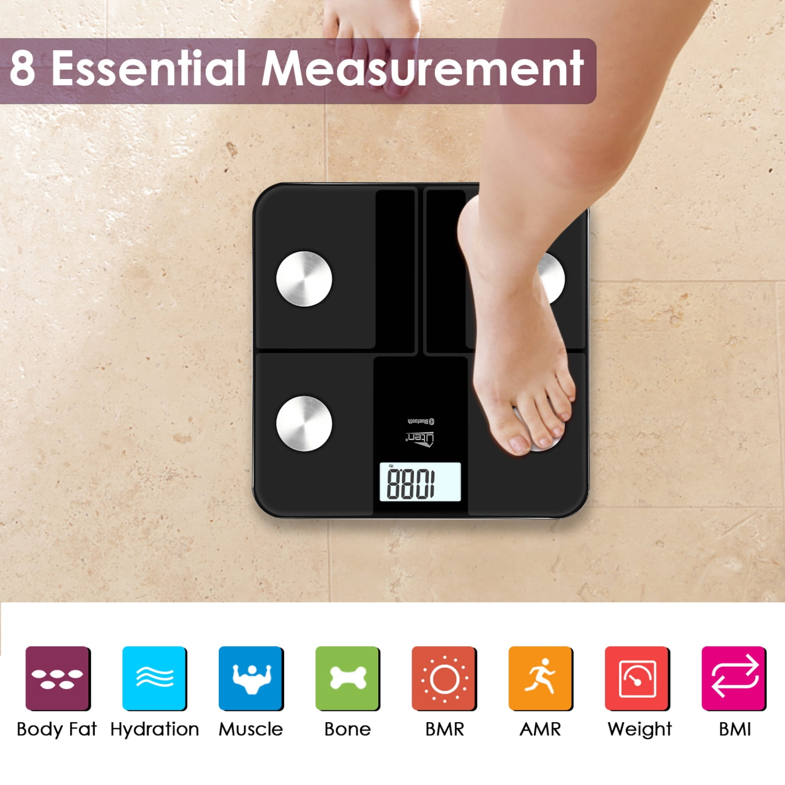 Uten Smart Digital Scale, Bluetooth Body Fat & Composition Analyzer with LCD Display, 400 lbs Capacity, Health Monitor, Black