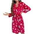 thumbnail image 2 of Fewfanhot Women's Christmas Red Flannel Robe with White Snowflake Pattern, Shawl Collar Knee Length Design for Holiday Lounging Cozy Winter, 2 of 4