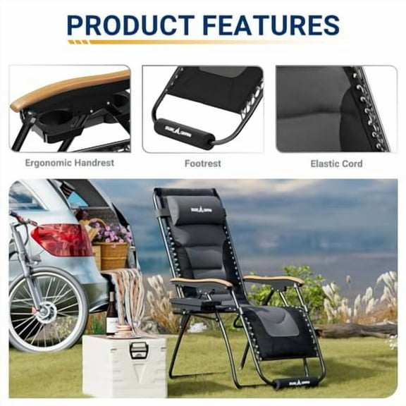 UDPATIO Zero Gravity Chair 30In XL Oversized Outdoor Anti Gravity Chairs Patio Lounge Folding Adjustable Chair with Cup Holder, Foot Pad & Padded Headrest, Supports 500lbs (Grey)