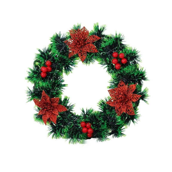 Beautynvta Christmas Wreath, 11'' Artificial Winter Green Tinsel Wreath with Red Poinsettia and Berry for Front Door Fireplace Stair Railing Window Wall Holiday Decor