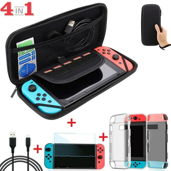 4-in-1 Nintendo Switch Accessiores Starter Kit, Travel Carrying Case Bag   Clear Hard Case Cover   H9 Clear Screen Protector   USB Type C Charging cable For Nintendo Switch