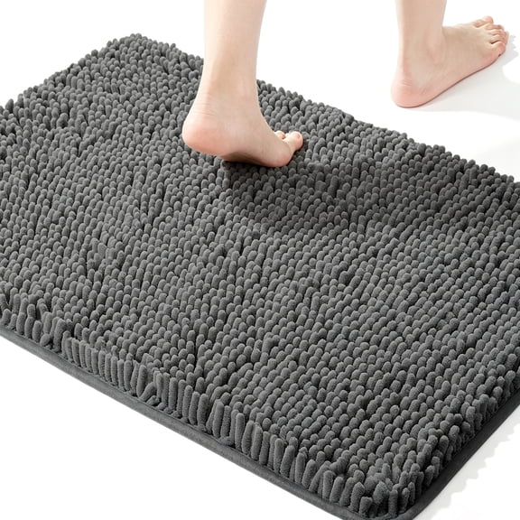MudFree Bathroom Rugs 24x16 inch, Super Absorbent Chenille Bath Mat for Tub Non Slip, Quick Dry Washable Door Mat for Floor, Tub and Shower, Deep Gray