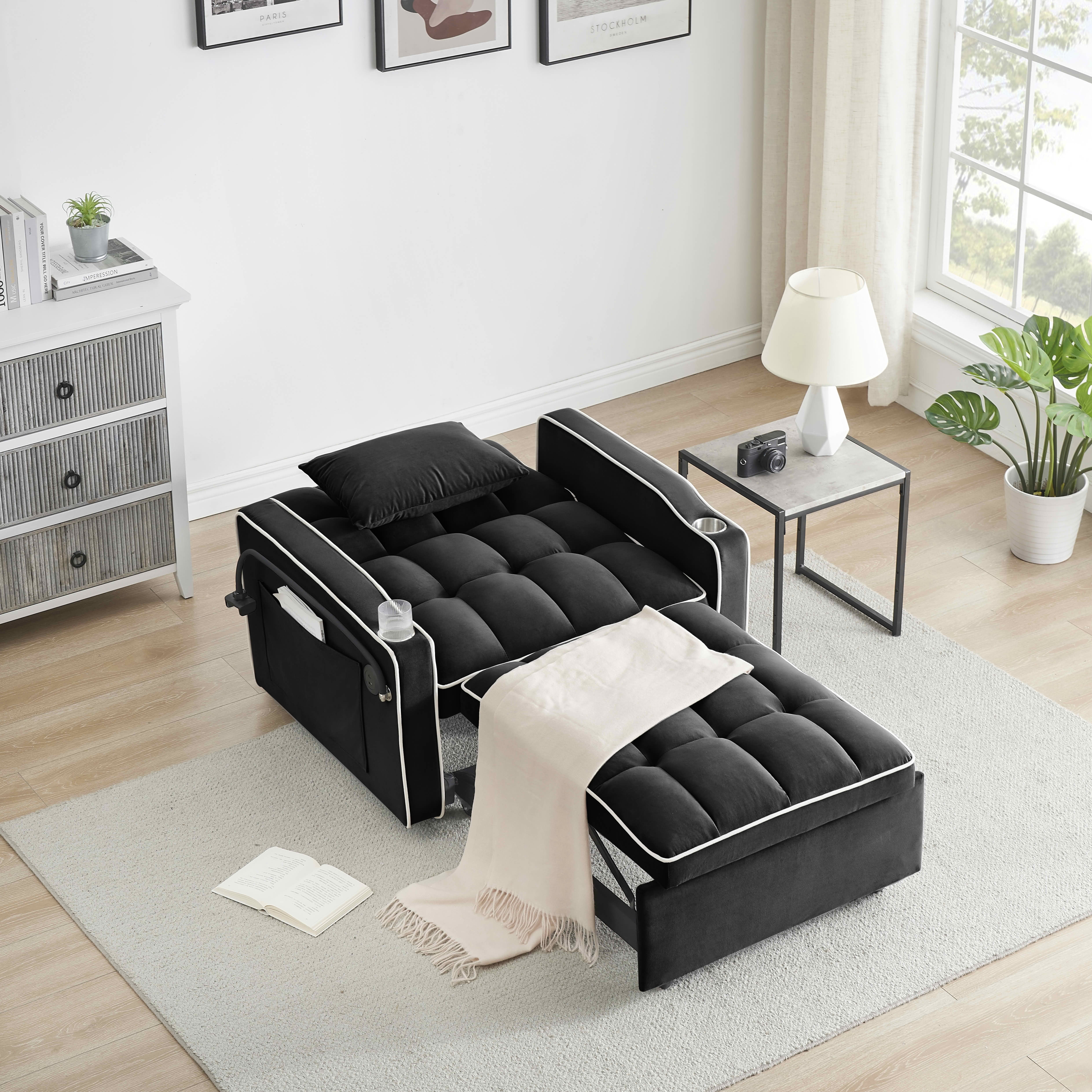 MAYEERTY Black Velvet Foldable Single Sofa Bed, Adjustable Back Pull-Out Couch with USB Port, Ashtray & Swivel Phone Stand Eucalyptus Wood Frame