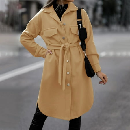 

Yutnsbel Winter Women Trench Coat Chic Mid Long Outerwear Lapel Cardigan Woolen Fleece Coat Belt