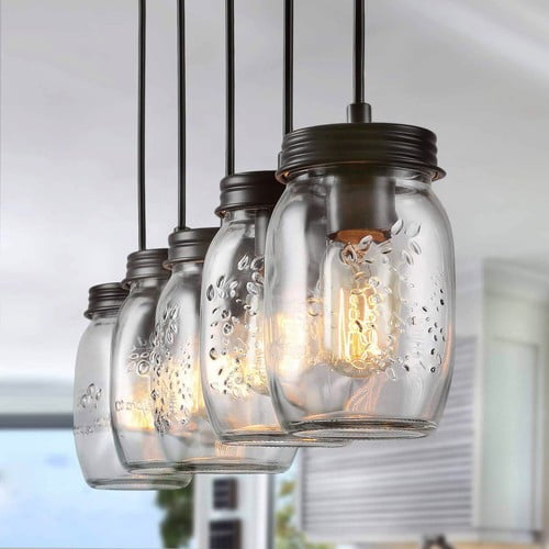 5-Light Mason Jar Pendant Light Glass Metal for Kitchen Island Dining Room