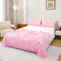 Manfei Teens Pink Bowknot Twin Sheet Sets, Kawaii Monogrammed L Twin Fitted Sheet, Buffalo Plaid Ribbon Flat Sheet, Breathable Home Decor, 3 Pieces