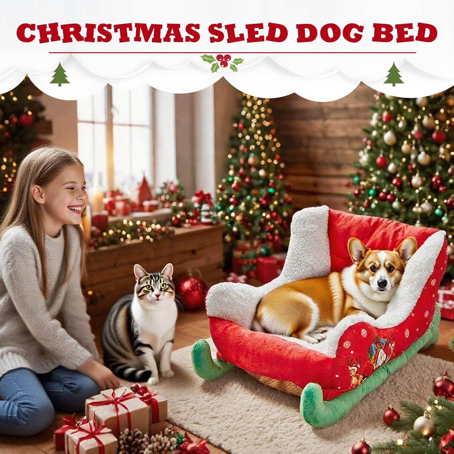 Jubipavy Pet Bed Bed For Cats Christmas Sleigh Dog Bed Festive Cozy Insulated Nests For Winter Holiday Puppy Animals Calming Sleeping Cats Cold Weather Nights Cozy Indoor