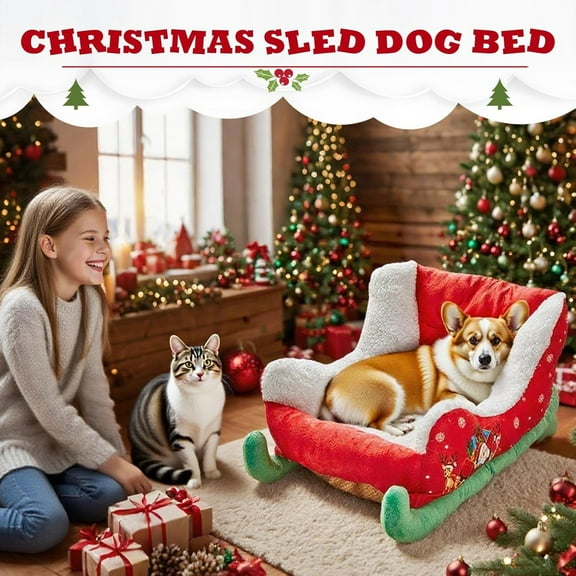 Christmas Santa's Sleigh Pet Bed for Small Dog and Cats Thickened Warm Dog Kennel Christmas Holiday Themed Pet Bed, 27" x 15" x 11"